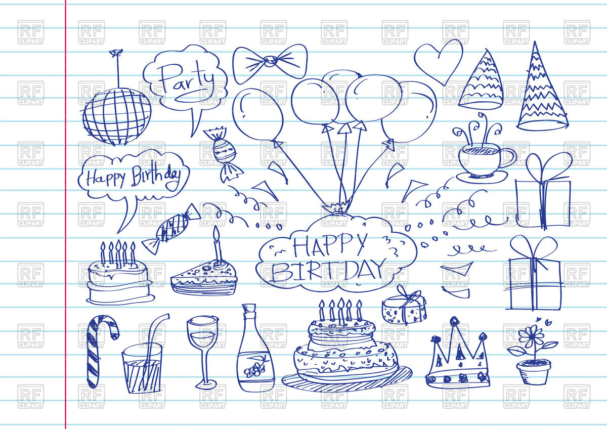 1200x848 Birthday Icons In Sketch Style On Notebook Sheet Background Vector - Birthday Sketch Images