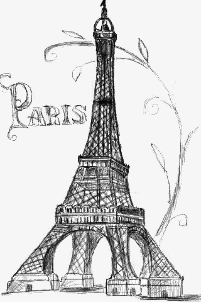650x975 Eiffel Tower Sketch, France Buildings, Eiffel Tower, Hand Painted - Black And White Eiffel Tower Sketch