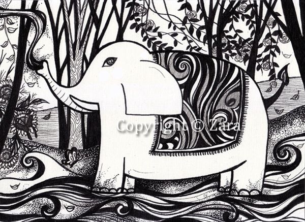 600x437 Elephant (Zara) - Black And White Elephant Sketch
