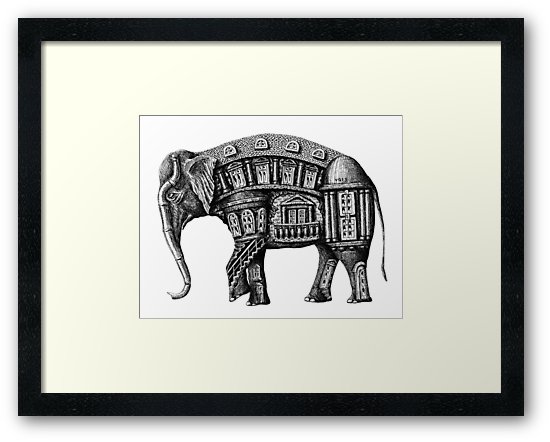 550x442 Elephant Building Surreal Pen Ink Black And White Drawing Framed - Black And White Elephant Sketch