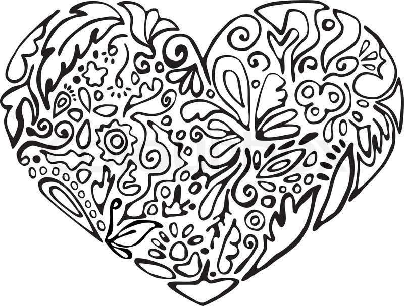 800x607 Black And White Heart, Floral Ornament Sketch, Stencil Stock - Black And White Heart Sketch