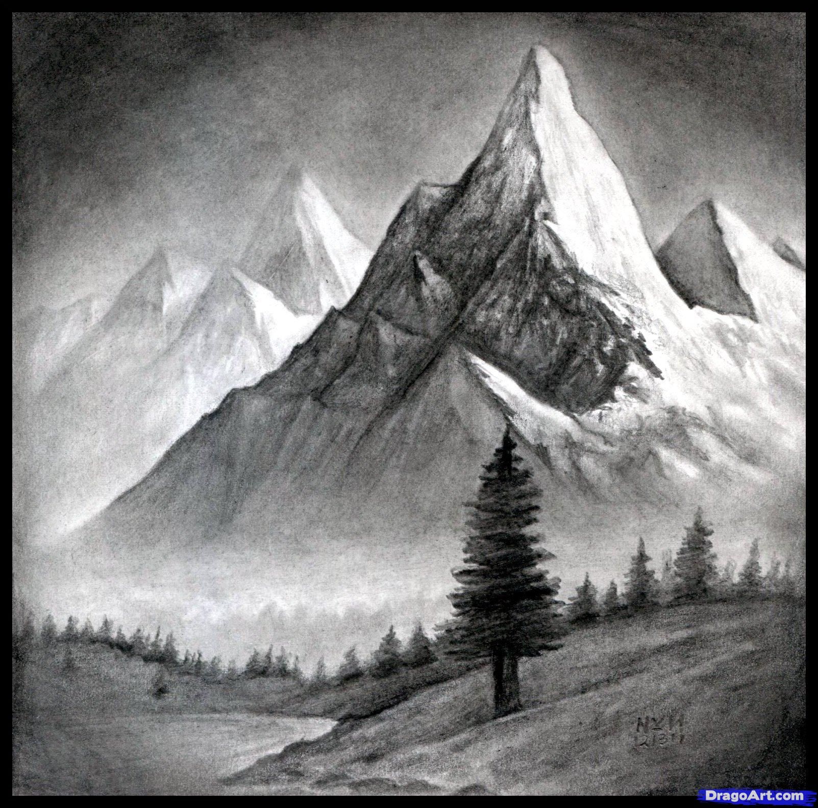 1603x1582 How To Draw A Realistic Landscape, Draw Realistic Mountains - Black And White Landscape Sketches