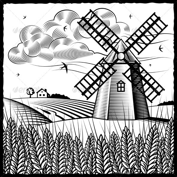 590x590 Landscape With Windmill Black And White By Iatsun Graphicriver - Black And White Landscape Sketches