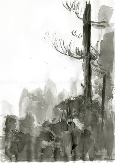 375x533 Misty Landscape. Drawing By Asta Saatchi Art - Black And White Landscape Sketches