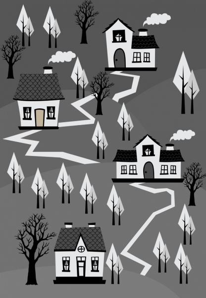 416x600 Town Landscape Drawing Black White Retro Design Free Vector In - Black And White Landscape Sketches