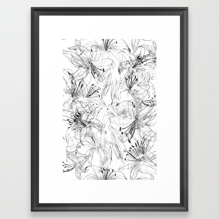 700x700 Lily Sketch Black And White Pattern Framed Art Print By - Black And White Lily Sketch