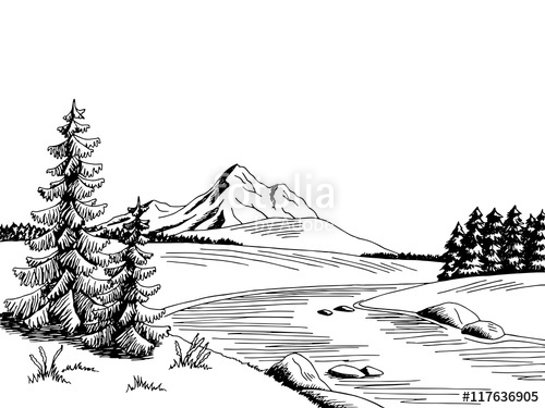 500x375 Mountain River Graphic Art Black White Landscape Sketch - Black And White Mountain Sketch