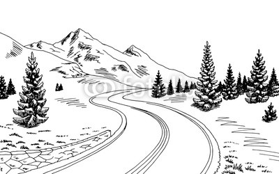 400x250 Mountain Road Graphic Black White Landscape Sketch Illustration - Black And White Mountain Sketch