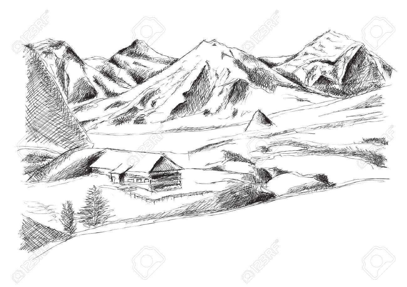 1300x918 Black And White Mountains Drawing - Black And White Mountain Sketch