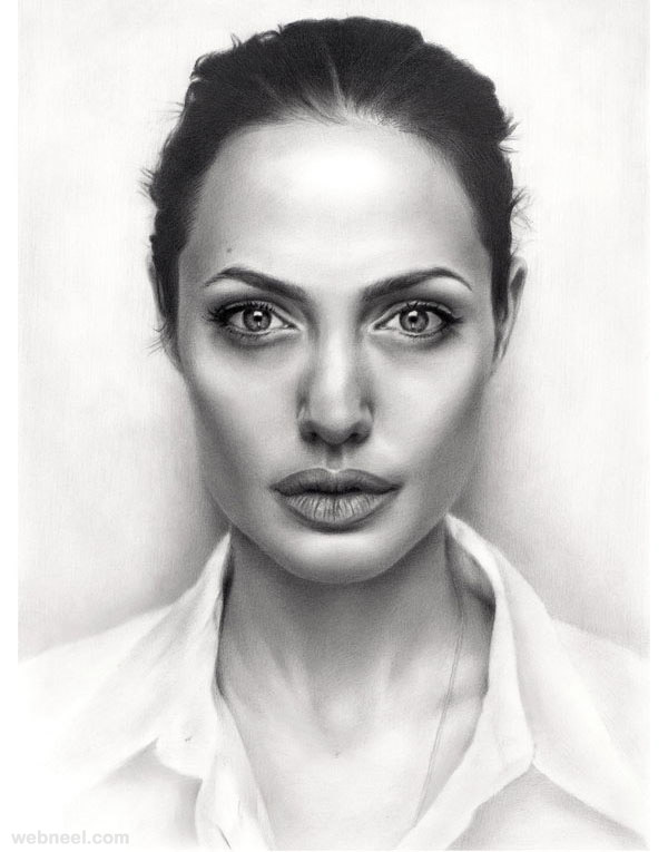 600x765 Portrait Drawing Angelina Jolie Sikoian 1 - Black And White Portrait Sketches