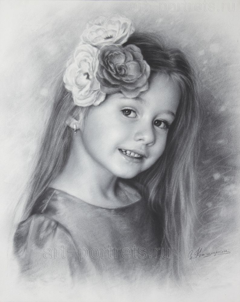 794x1000 Black And White Portrait Of A Little Girl Anastasia With Flowers - Black And White Portrait Sketches