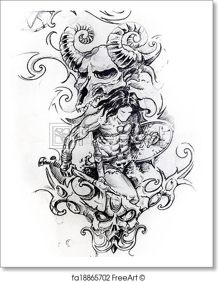 450x580 Free Art Print Of Viking Warrior, Sketch Of Tattoo. Handmade - Black And White Sketch Print
