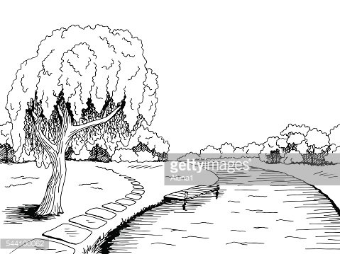 479x359 Park River Willow Tree Graphic Black White Landscape Sketch Vector - Black And White Tree Sketch