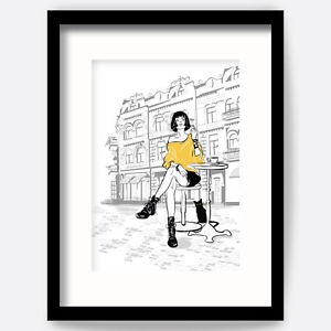300x300 Art Print Fashion Girl Paris Cafe Black Amp Yellow Sketch Framed Or - Black And Yellow Sketch