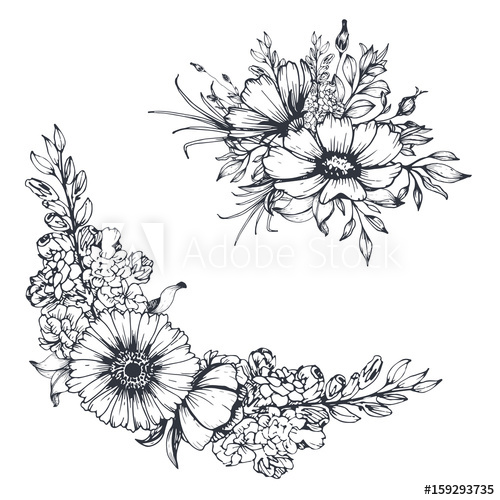 500x500 Vector Hand Drawn Flowers. Sketch Floral Bouquet And Border. All - Black Flower Sketch