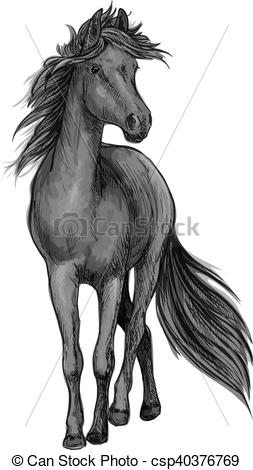 253x470 Walking Black Horse Sketch Portrait. Walking Black Horse Pencil - Black Horse Sketch