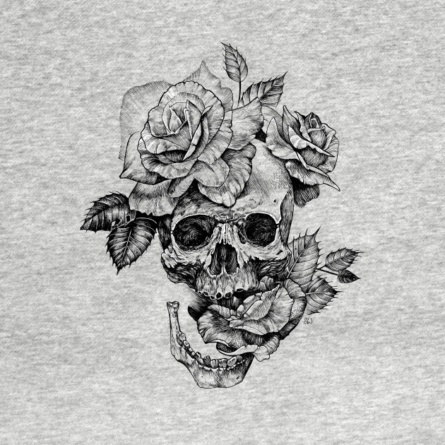 630x630 Black And White Ink Drawing Skull With Roses - Black Ink Sketches