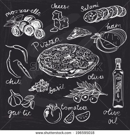 450x470 Hand Drawn Vector Illustration. Pizza Set. Vintage. Sketch - Blackboard Sketch