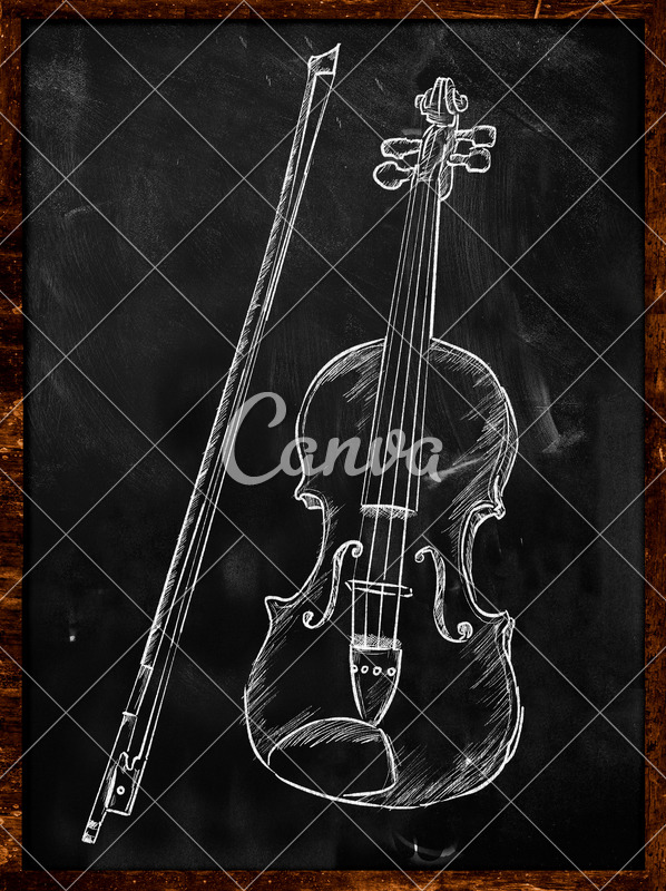 598x800 Violin Drawing Sketch On Blackboard Music Background - Blackboard Sketch