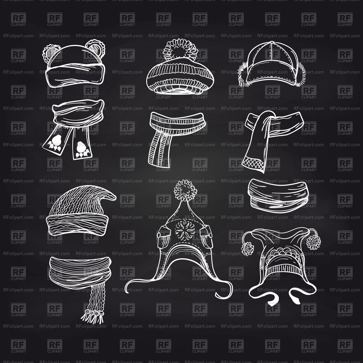1200x1200 Winter Knitting Scarves And Hat Sketch On Blackboard Vector Image - Blackboard Sketch