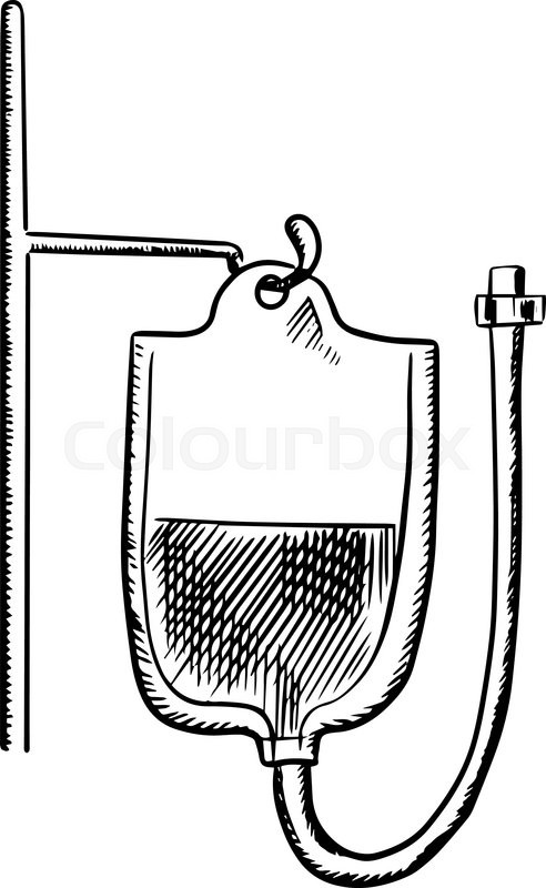492x800 Plastic Bag With Blood For Transfusion Hanging On Stand. Outline - Blood Sketch