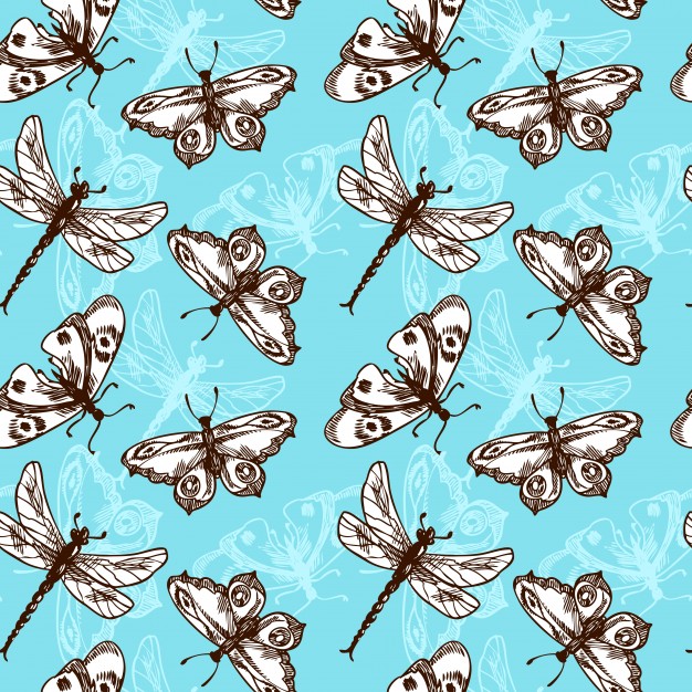 626x626 Butterflies And Dragonflies Insects Blue Sketch Seamless Pattern - Blue Butterfly Sketch