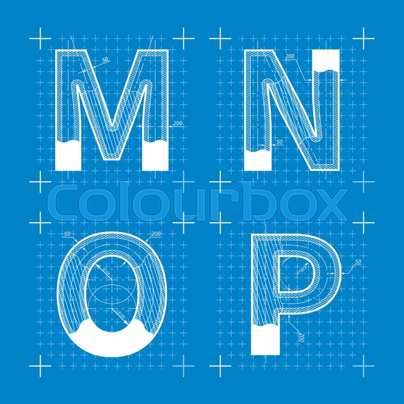 800x800 Construction Sketches Of M N O P Letters. Blueprint Style. Stock - Blueprint Sketch Font