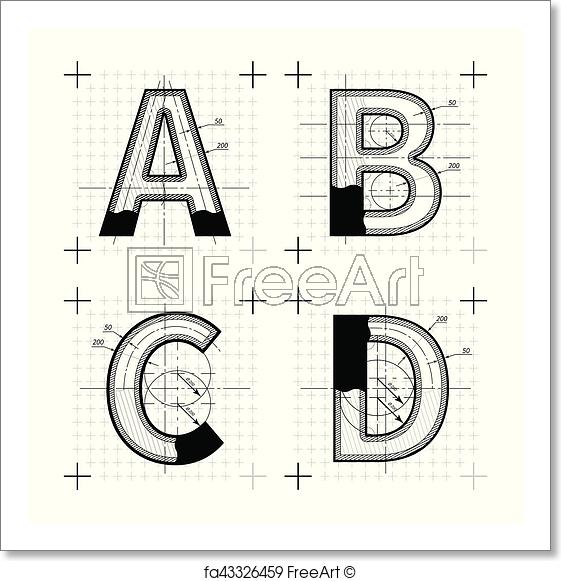 561x581 Free Art Print Of Architectural Sketches Of A B C D Letters - Blueprint Sketch Font
