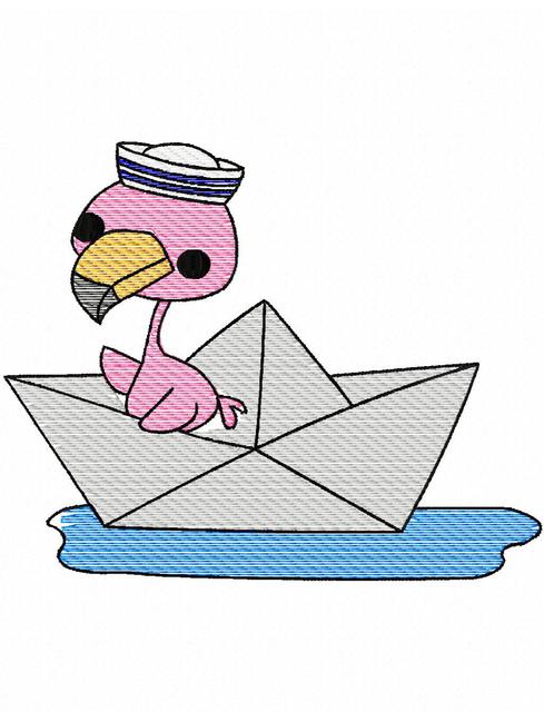 489x640 Flamingo In Paper Boat Sketch Embroidery Design - Boat Sketch Images