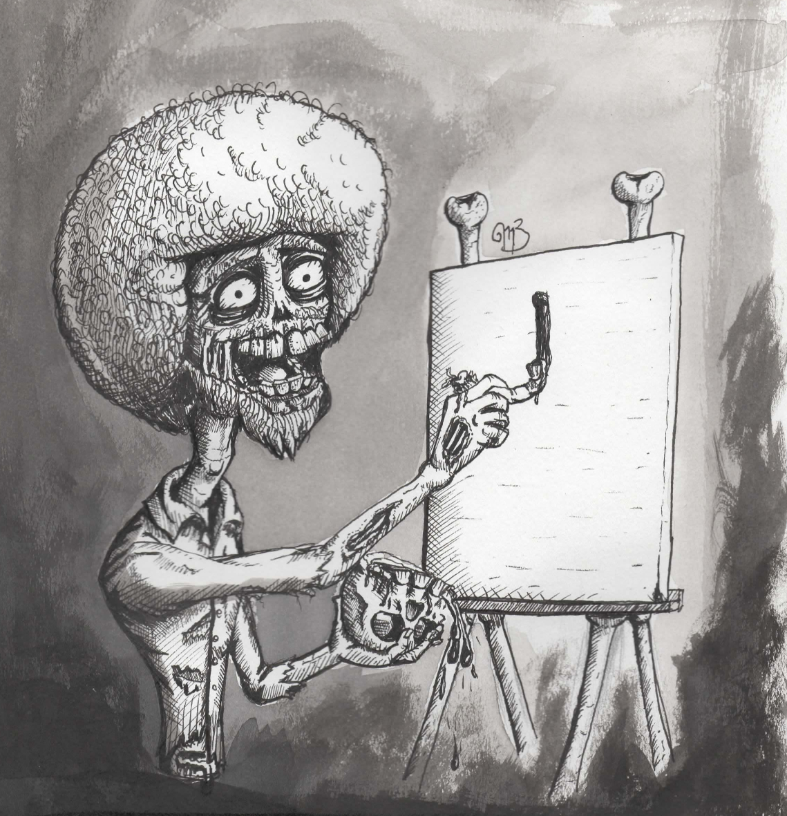 1139x1181 Bob Ross Zombie, Ink, 11.7x8.3 Inches Art - Bob Ross Sketch