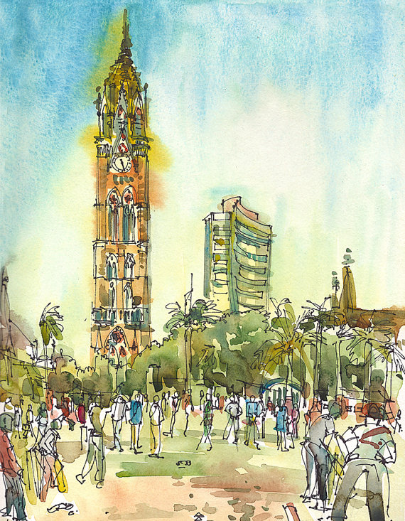 570x733 India Sketch Cricket In Mumbai, Indian Art, 8x10 Print From An - Bombay Sketch