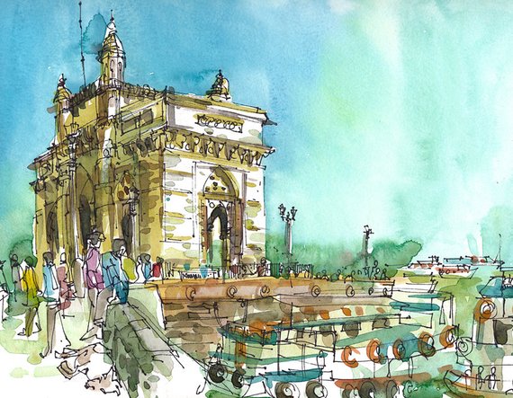 570x443 Mumbai Sketch Gateway Of India Bombay India Print From An Etsy - Bombay Sketch