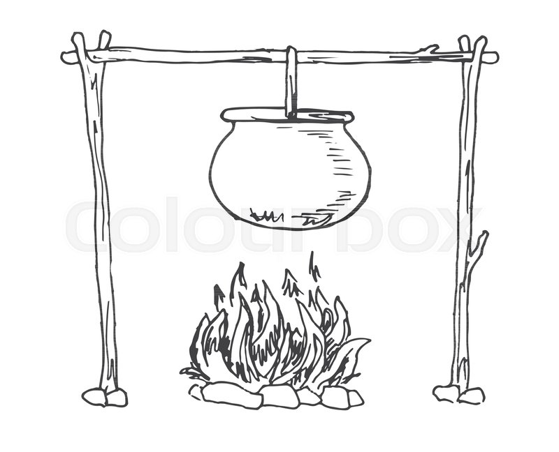 800x648 Bonfire. Cauldron Hanging Over The Fire. Vector Illustration Of A - Bonfire Sketch