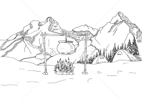 600x420 Mountain Landscape. Tents And A Bonfire. Vector Illustration - Bonfire Sketch
