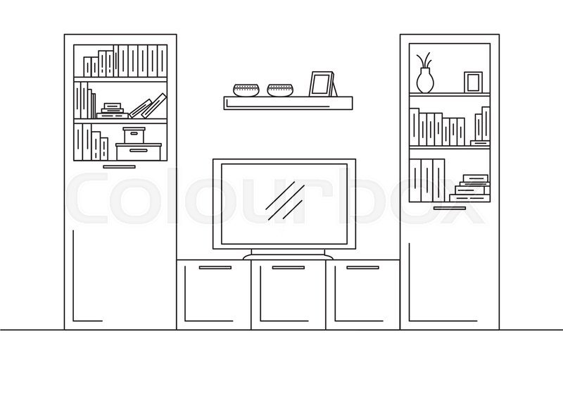800x559 Linear Sketch Of The Interior. Bookcase, Dresser With Tv And - Bookcase Sketch