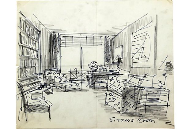 620x422 Sitting Room With Bookcase Sketch. Pencil And Pen On Tracing Paper - Bookcase Sketch
