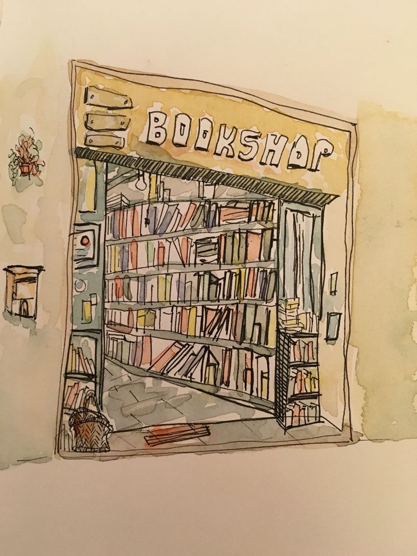 852x1136 Loose Sketch Of Bookshop. Pen, Ink And Watercolour. Moleskine - Bookshop Sketch