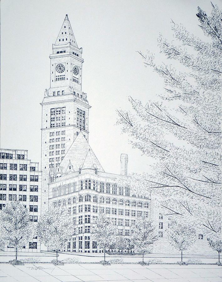 708x900 Boston Custom House Drawing By Tim Murray - Boston Sketch