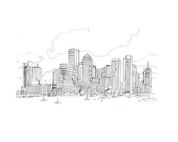 570x456 This Is A Signed Print Of My Artwork Boston Skyline. It Measures - Boston Skyline Sketch