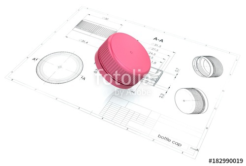 500x337 3d Illustration Of Plastic Bottle Caps Above Engineering Drawing - Bottle Cap Sketch