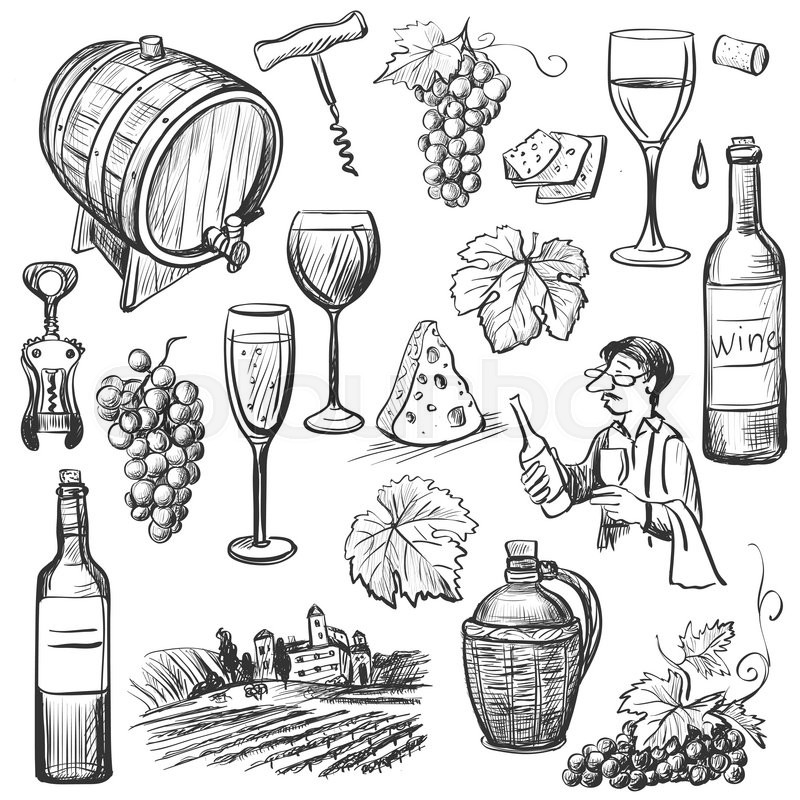 800x800 Hand Drawn Sketch Vector Wine Set. Wine Objects Bottle, Glass - Bottle Of Wine Sketch