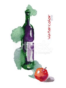 225x300 Vector Watercolor Sketch Wine Bottle Red Apple Stock Vectors - Bottle Of Wine Sketch