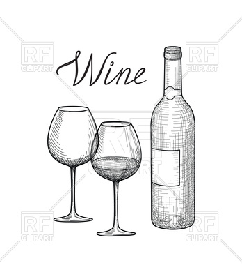 348x400 Wine Glass, Bottle. Vineyard Sketch Style Retro Banner. Vector - Bottle Of Wine Sketch