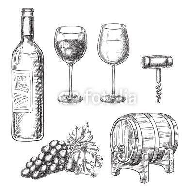400x400 Wine Sketch Vector Illustration. Bottle, Glasses, Grape Vine - Bottle Of Wine Sketch