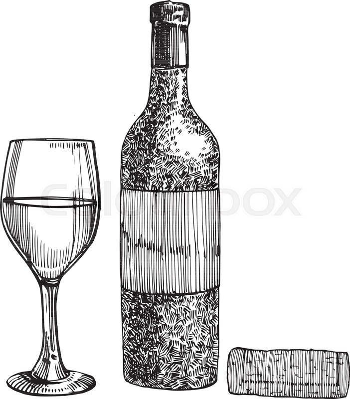 702x800 Red Wine Bottle And Glasses, Sketch Style Vector Illustration - Bottle Sketch