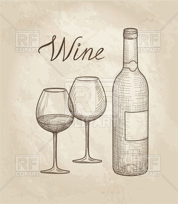 348x400 Wine Glass And Bottle Sketch Vector Image Vector Artwork Of Food - Bottle Sketch
