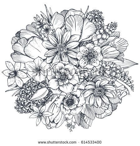 450x470 Floral Composition. Bouquet With Hand Drawn Spring Flowers And - Bouquet Of Flowers Sketch
