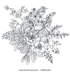 236x246 Line Drawing Flower Illustration Floral - Bouquet Of Flowers Sketch