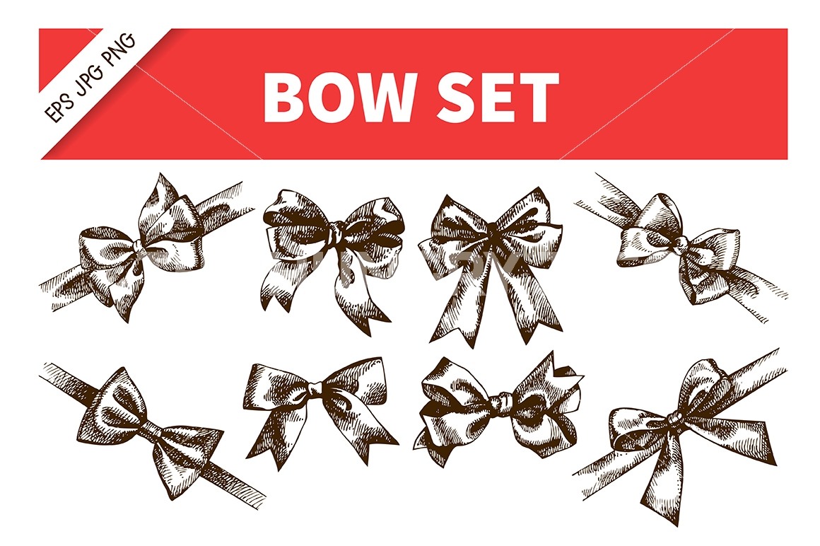 1160x772 Bow Ribbon Hand Drawn Sketch Vector Set By Elena Pimonova - Bow Ribbon Sketch