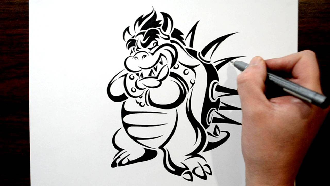1280x720 Drawing Bowser In A Tribal Tattoo Design Style - Bowser Sketch